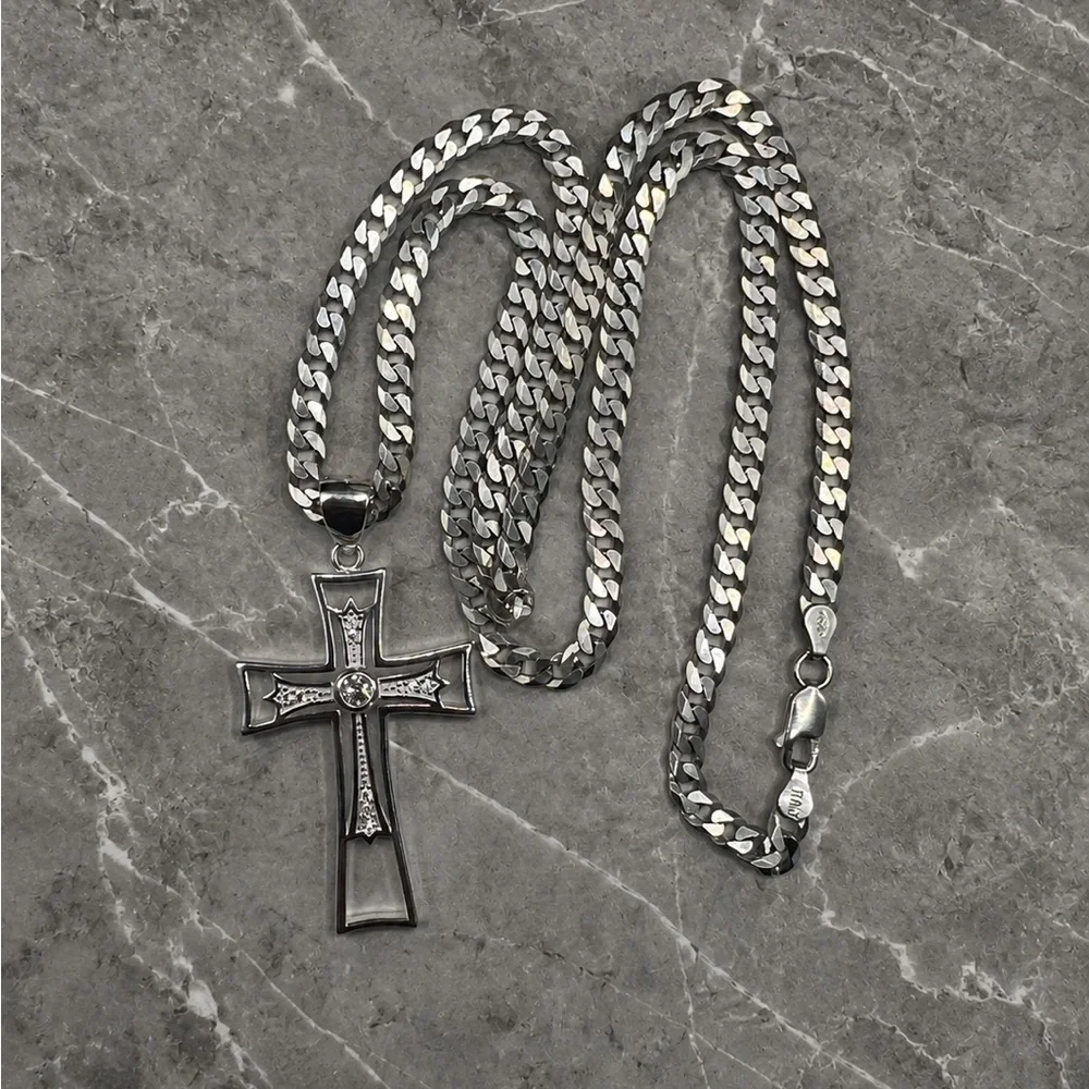 925 Sterling Silver Cubic Zirconia Cross Pendant Necklace - Silver Jewelry 24”